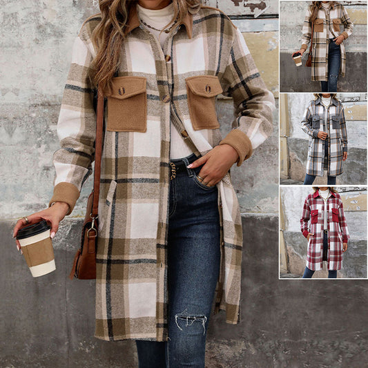 Nouveau brossé plaid long manteau avec poches