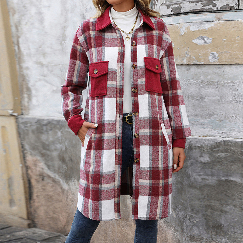 Nouveau brossé plaid long manteau avec poches