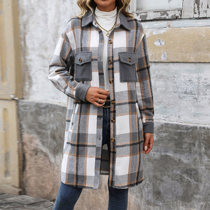 Nouveau brossé plaid long manteau avec poches